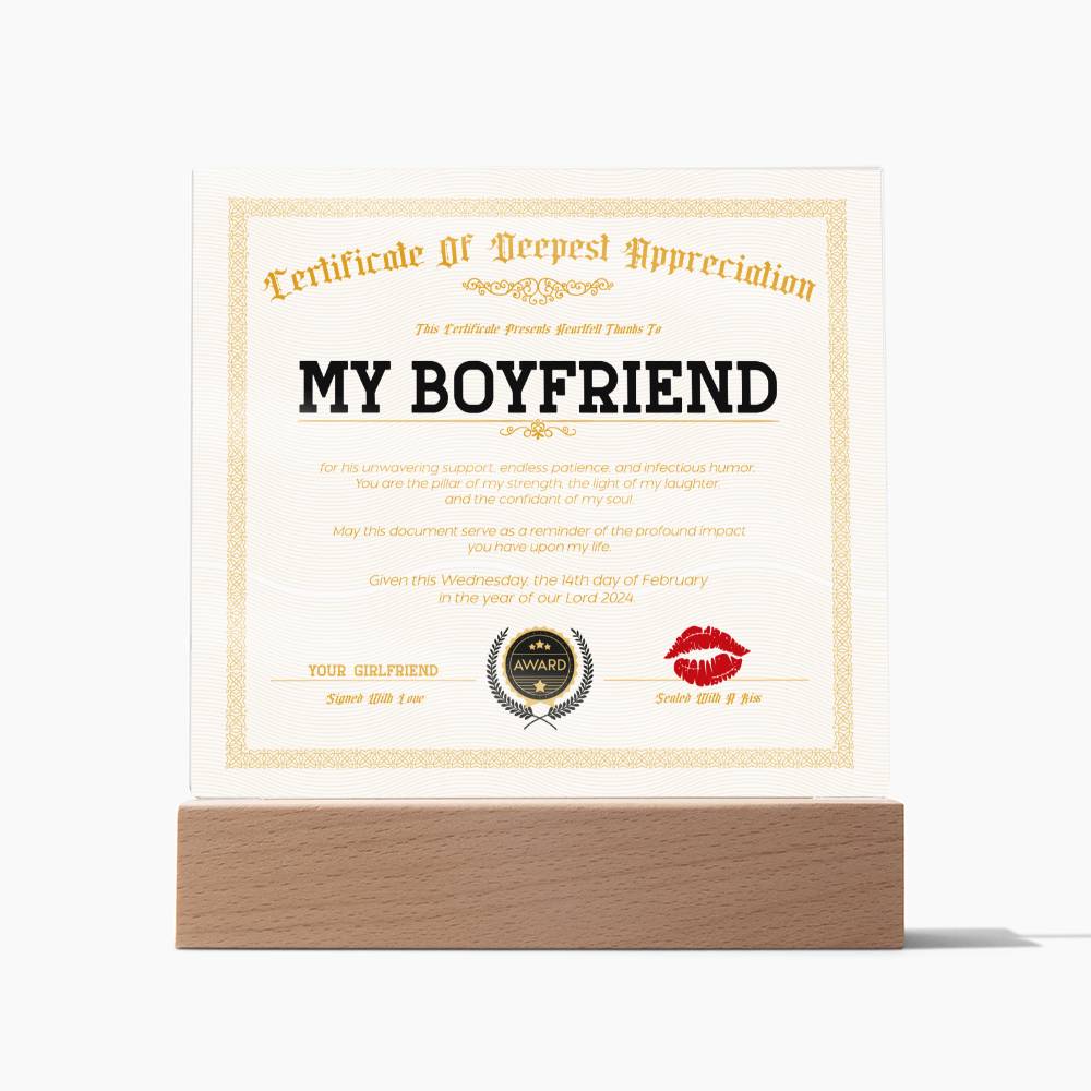 Appreciation Certificate For My Boyfriend Acrylic Square Plaque