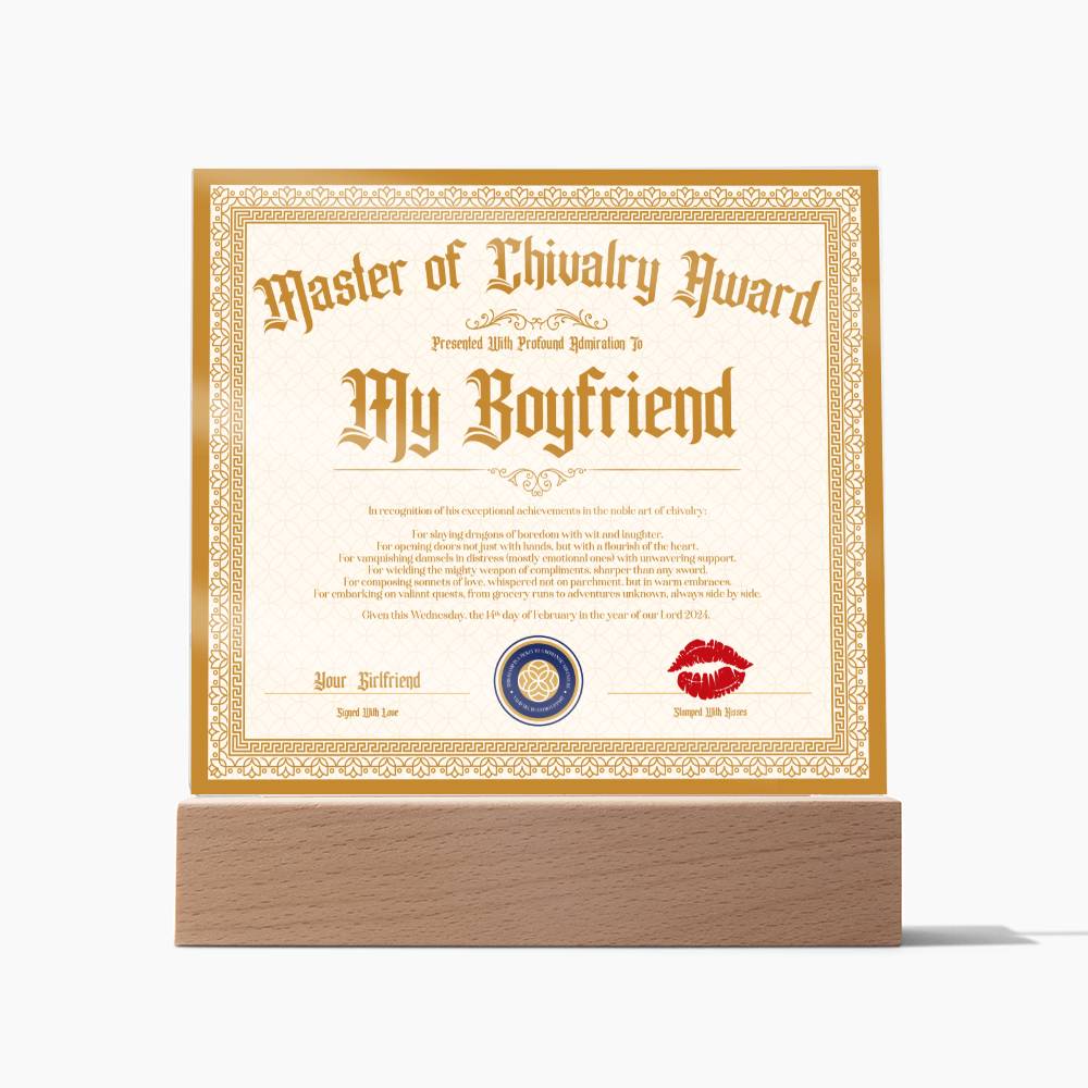 Master Of Chivalry Award Boyfriend Certificate Acrylic Square Plaque