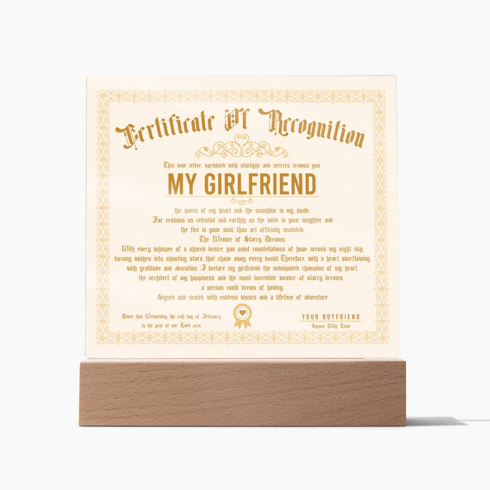 Certificate Of Recognition - Girlfriend Acrylic Square Plaque