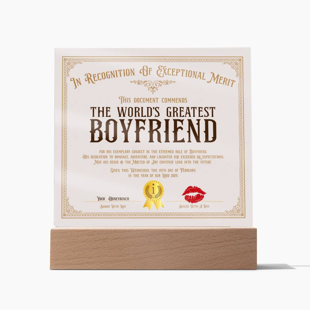 World's Greatest Boyfriend Certificate Acrylic Square Plaque