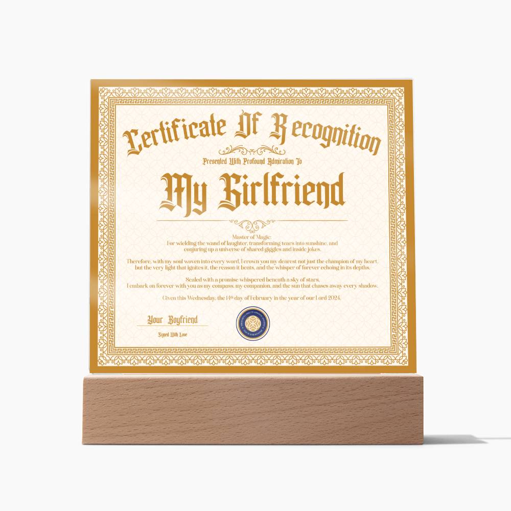 Certificate Of Recognition - Girlfriend S3 Acrylic Square Plaque