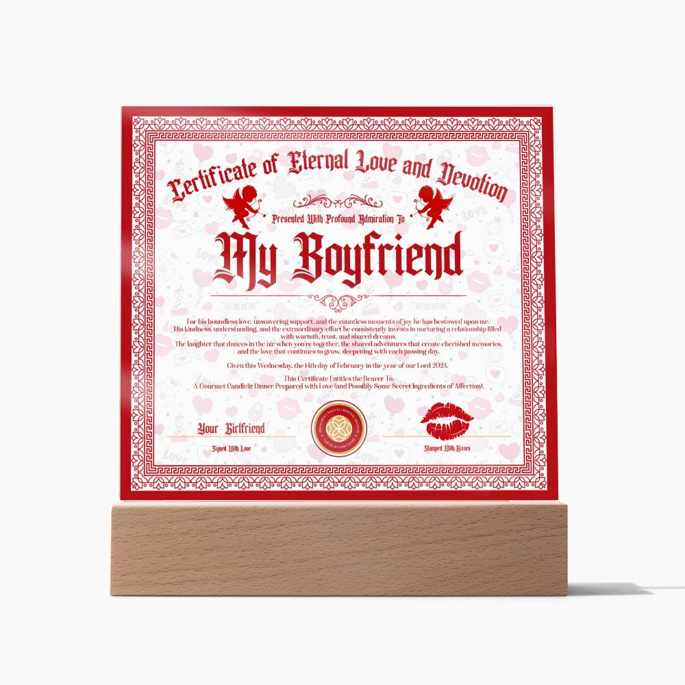 Certificate Of Eternal Love And Devotion Boyfriend Acrylic Square Plaque