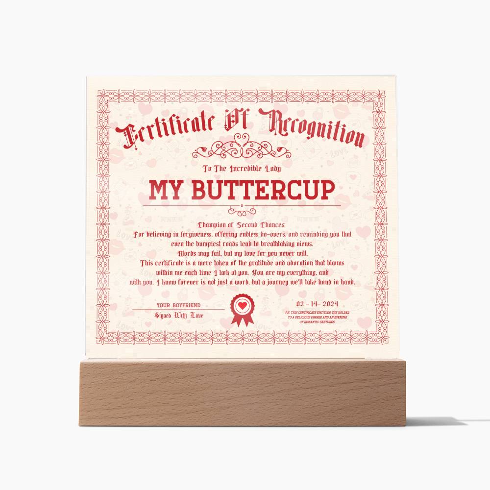 Certificate Of Recognition - My Buttercup Acrylic Square Plaque