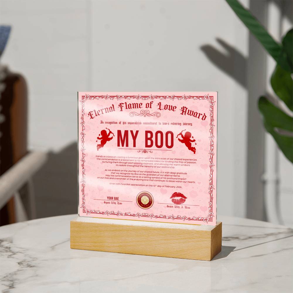Eternal Flame Of Love Award To My Boo Acrylic Square Plaque