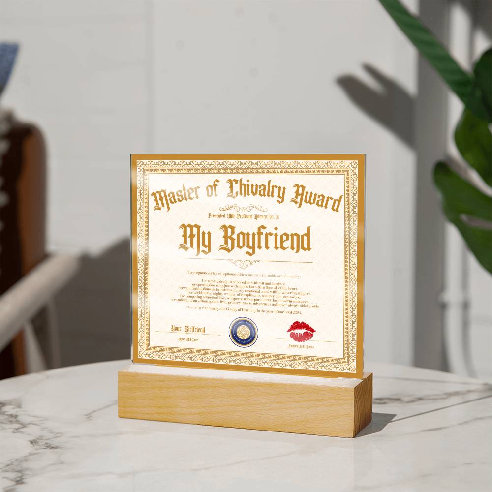 Master Of Chivalry Award Boyfriend Certificate Acrylic Square Plaque