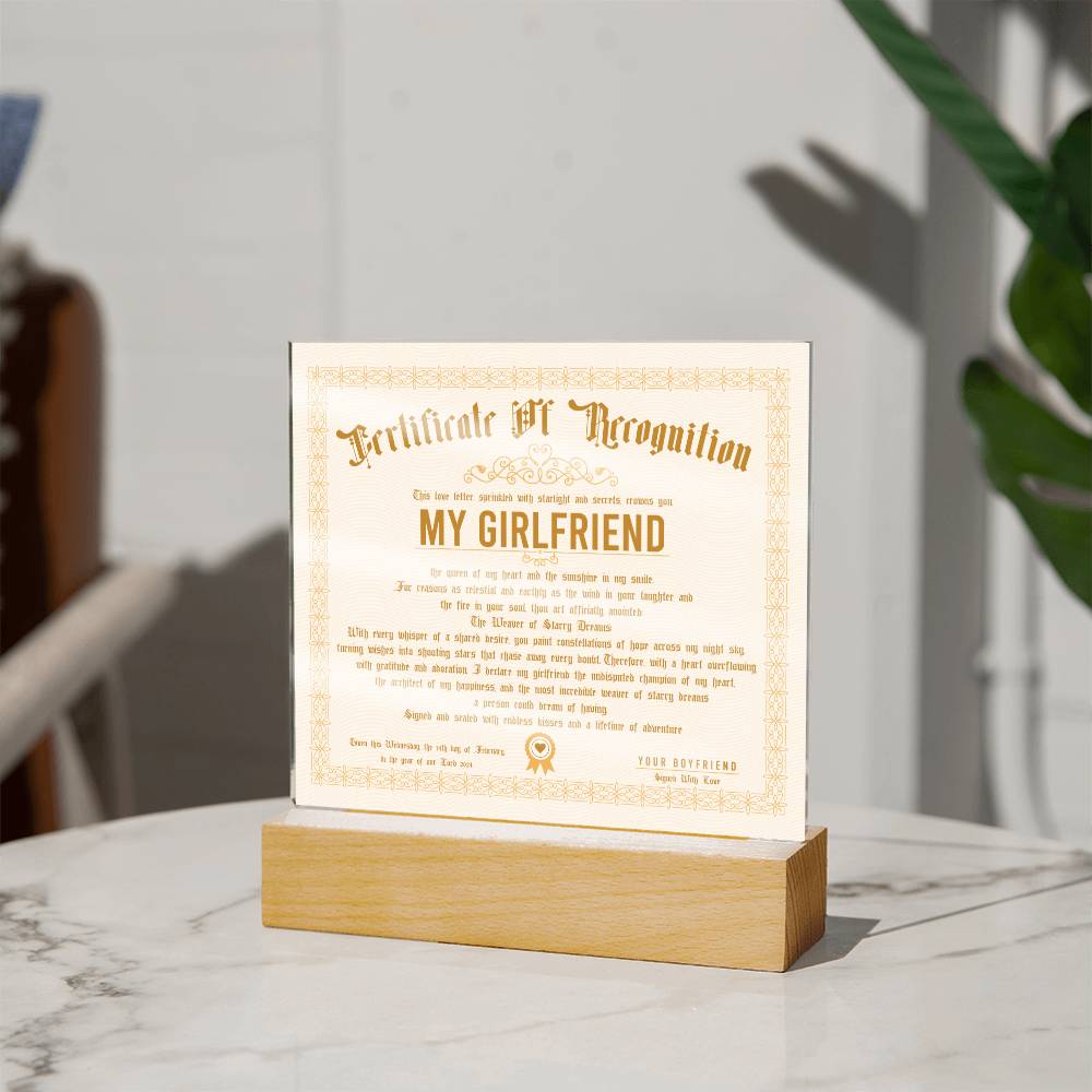 Certificate Of Recognition - Girlfriend Acrylic Square Plaque