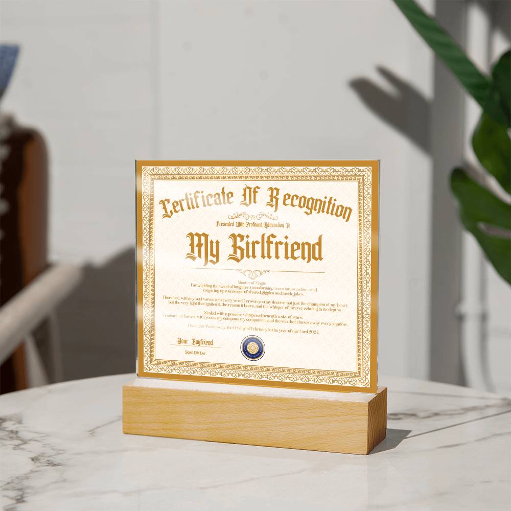 Certificate Of Recognition - Girlfriend S3 Acrylic Square Plaque