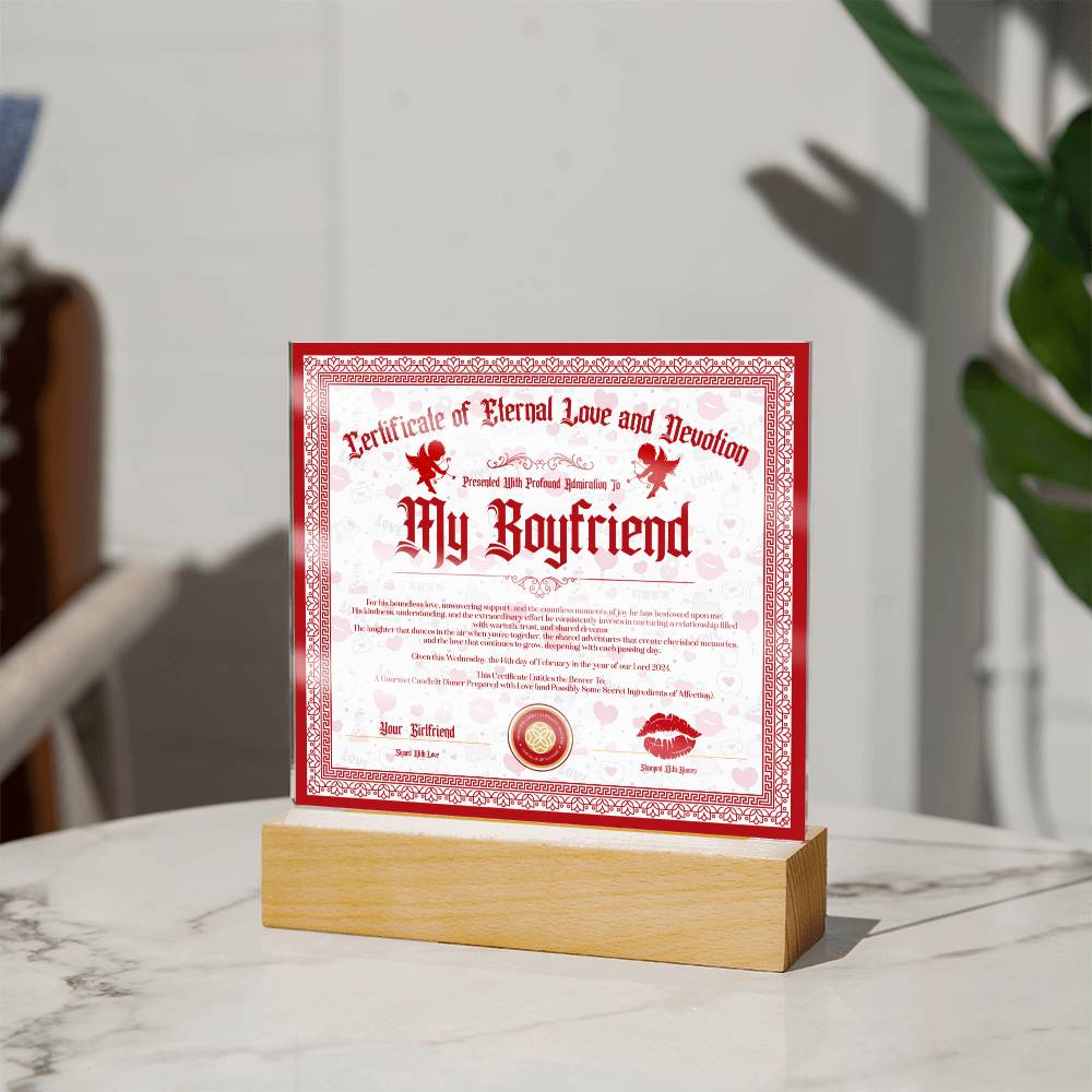 Certificate Of Eternal Love And Devotion Boyfriend Acrylic Square Plaque