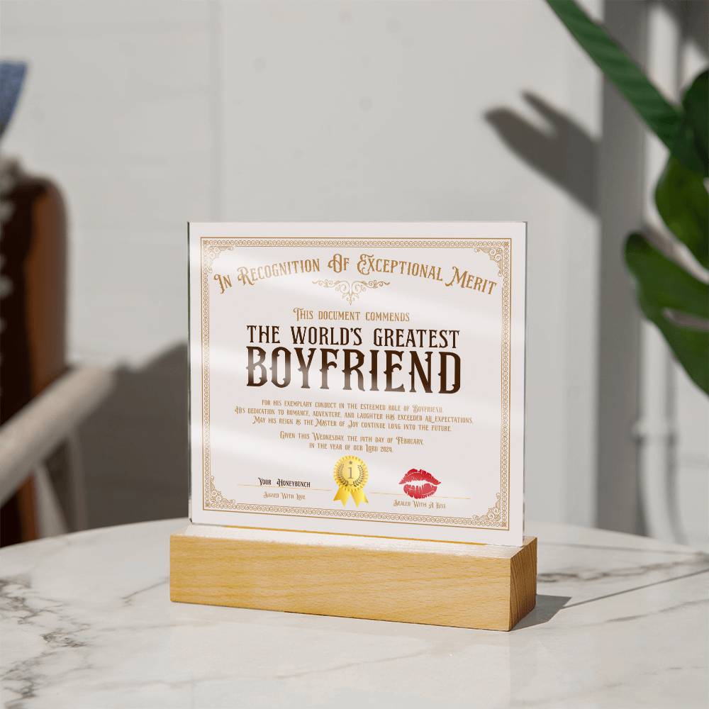 World's Greatest Boyfriend Certificate Acrylic Square Plaque