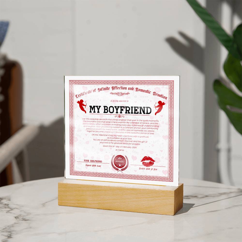 Certificate Of Infinite And Romantic Devotion Boyfriend Acrylic Square Plaque
