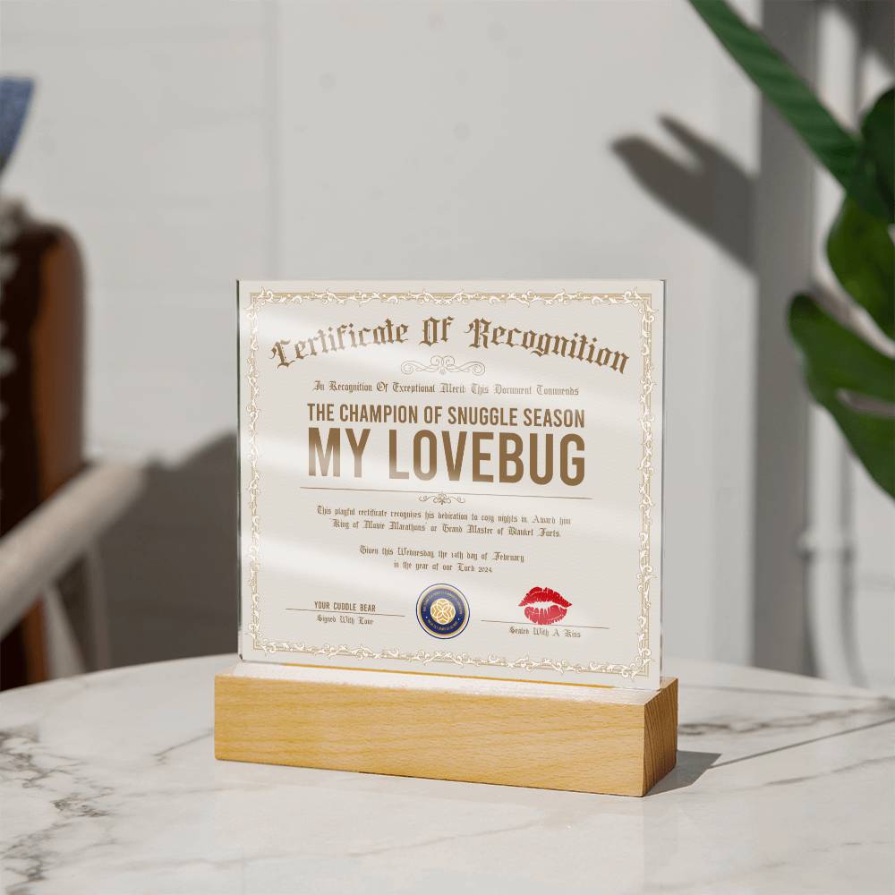 Certificate Of Recognition Lovebug Acrylic Square Plaque