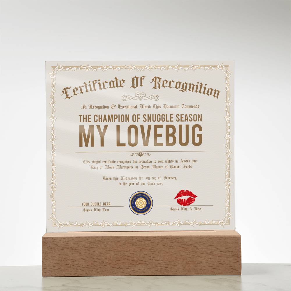 Certificate Of Recognition Lovebug Acrylic Square Plaque