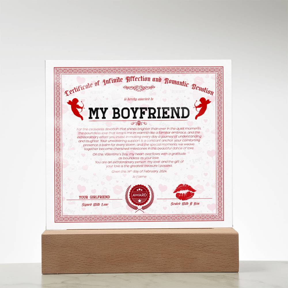 Certificate Of Infinite And Romantic Devotion Boyfriend Acrylic Square Plaque