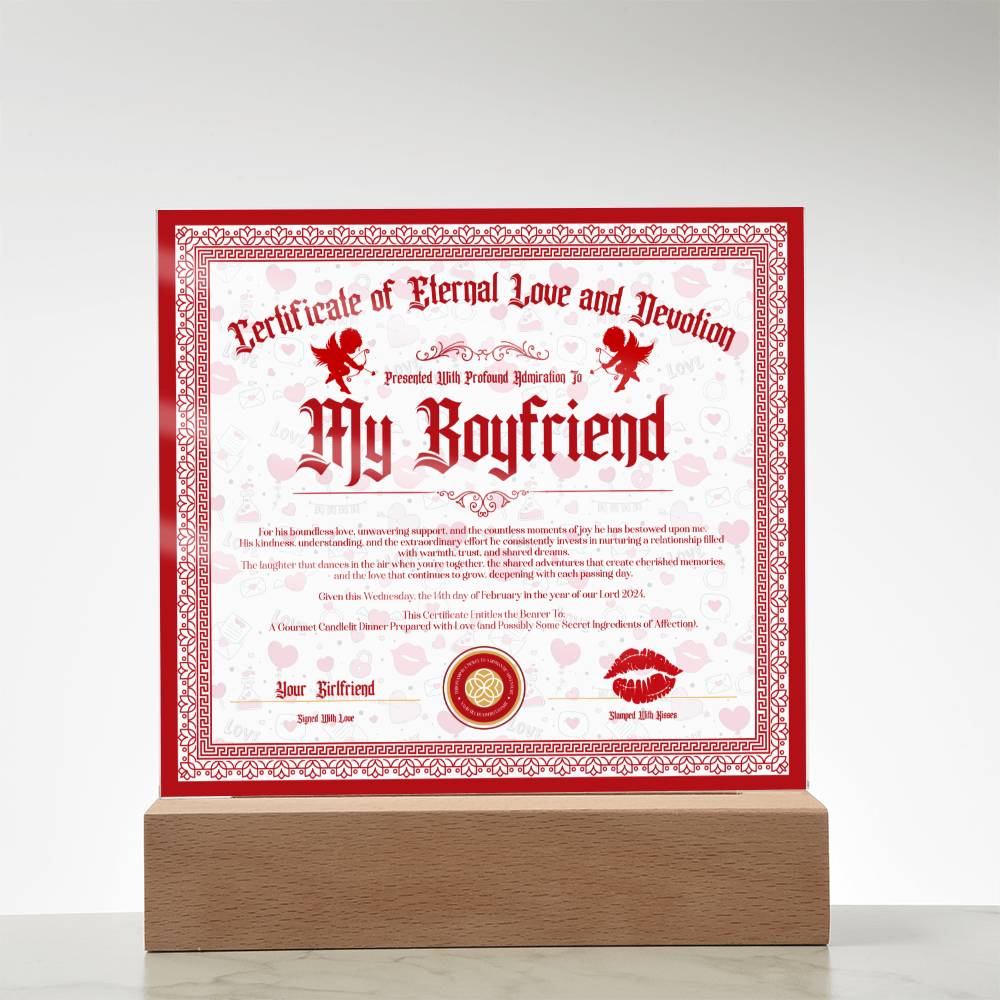 Certificate Of Eternal Love And Devotion Boyfriend Acrylic Square Plaque