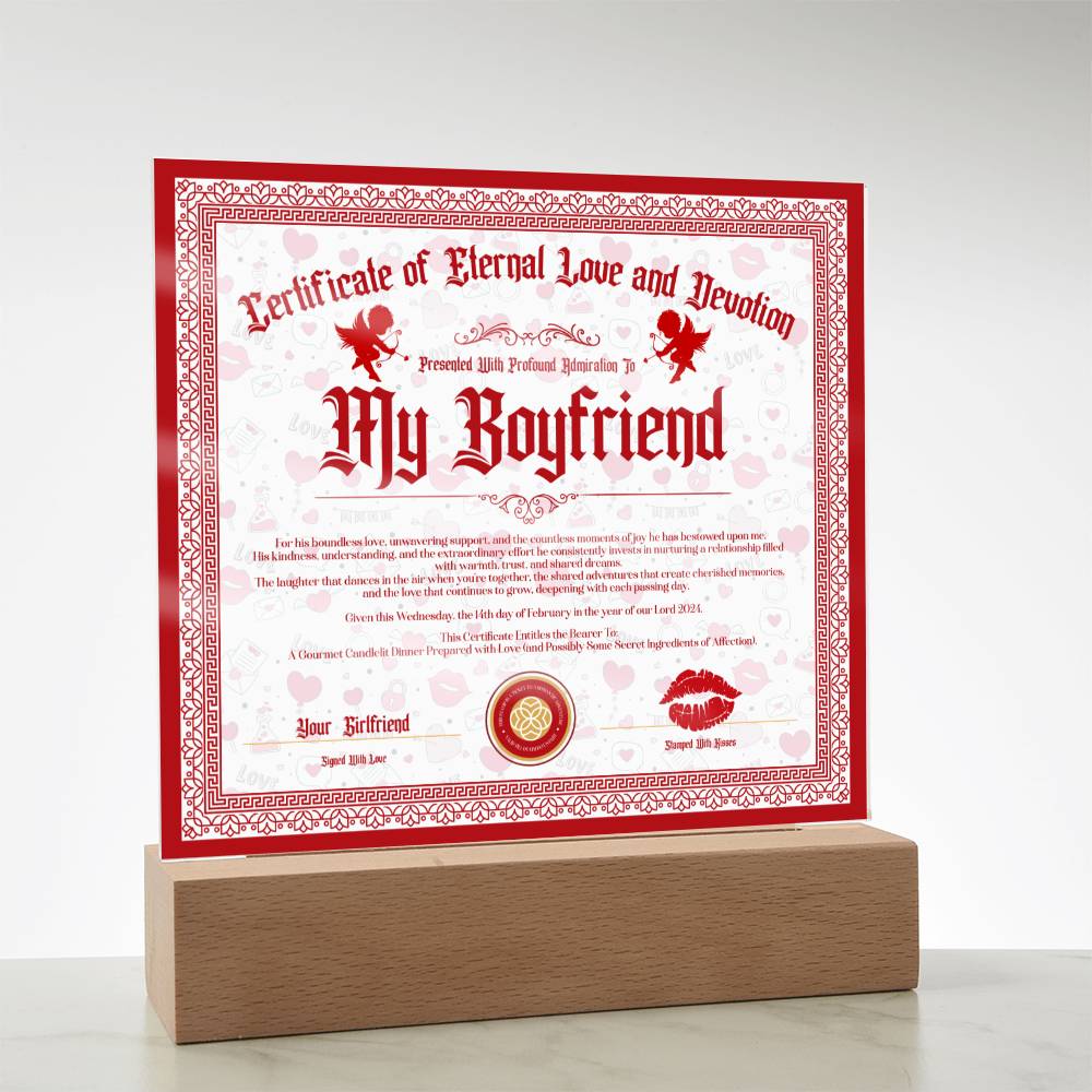 Certificate Of Eternal Love And Devotion Boyfriend Acrylic Square Plaque