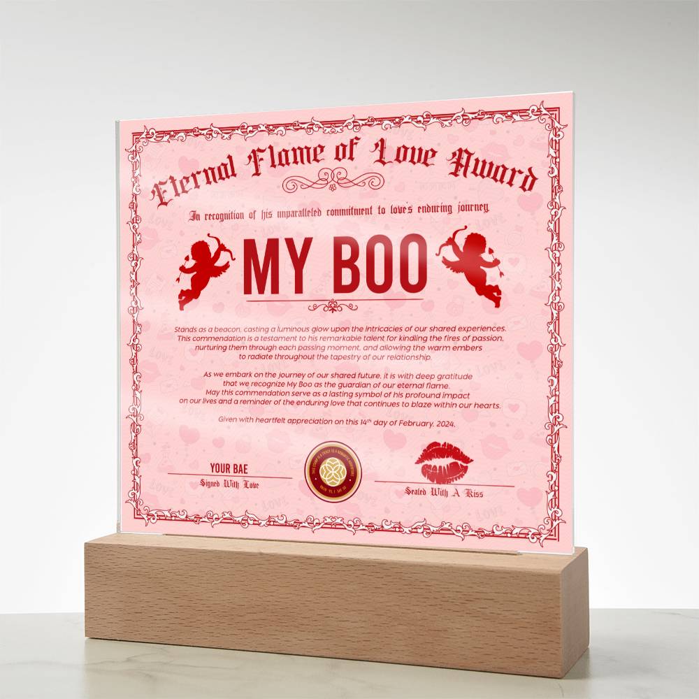Eternal Flame Of Love Award To My Boo Acrylic Square Plaque