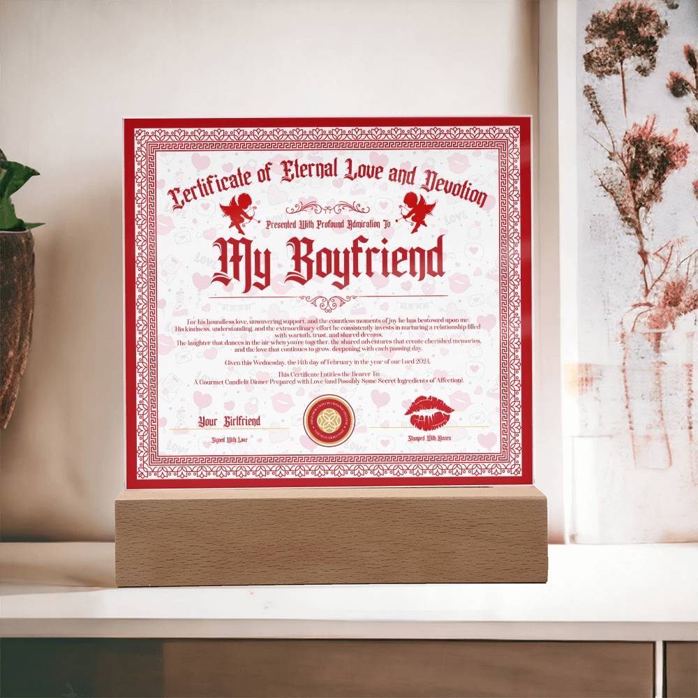 Certificate Of Eternal Love And Devotion Boyfriend Acrylic Square Plaque