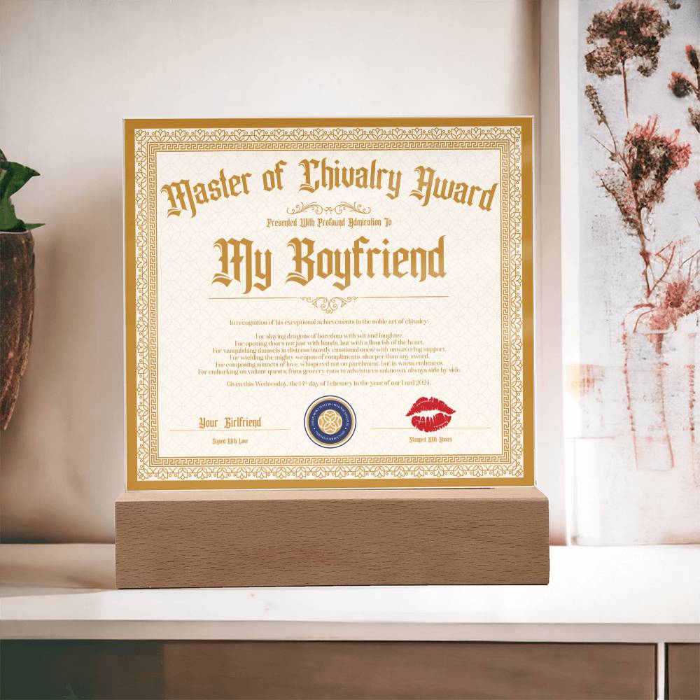 Master Of Chivalry Award Boyfriend Certificate Acrylic Square Plaque