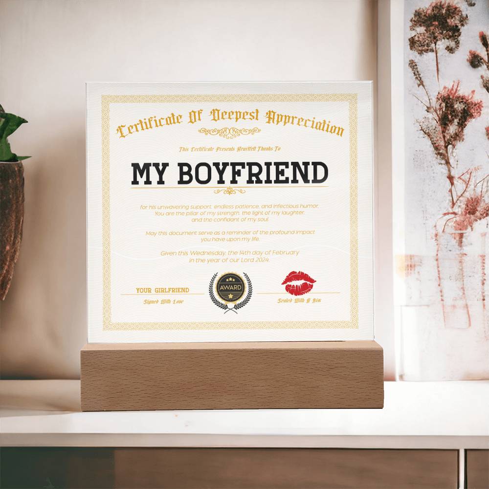 Appreciation Certificate For My Boyfriend Acrylic Square Plaque