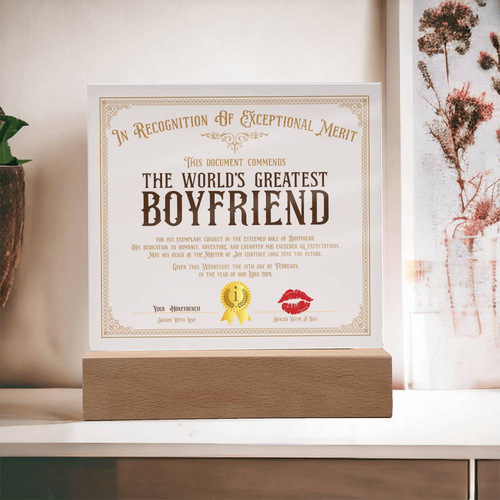 World's Greatest Boyfriend Certificate Acrylic Square Plaque