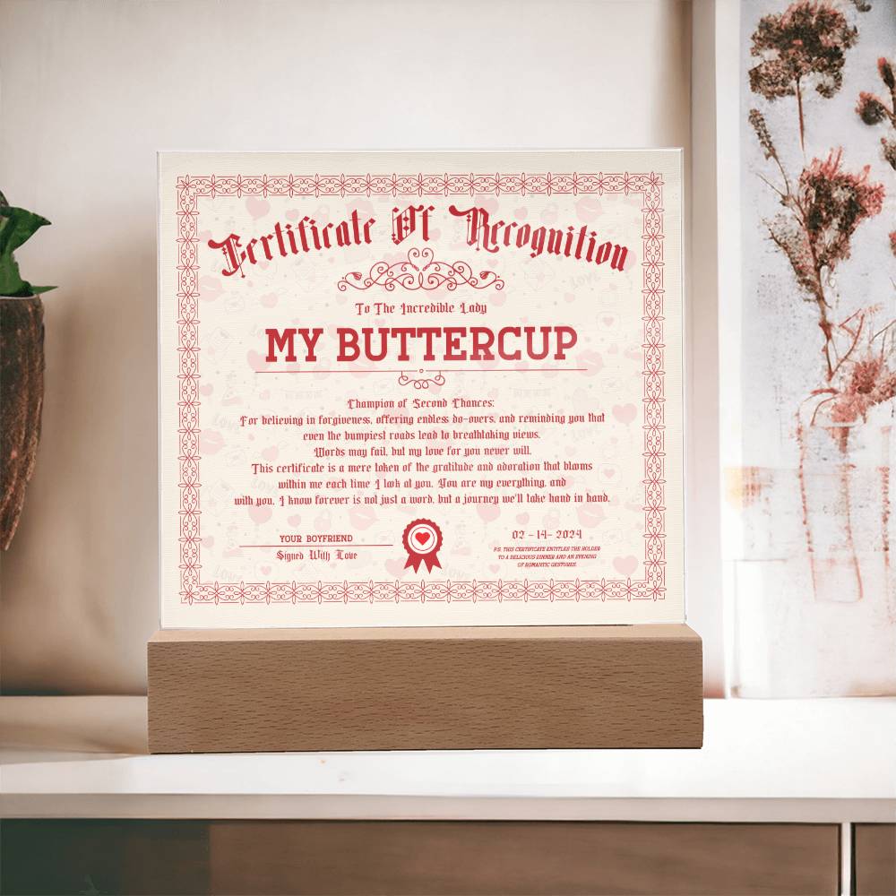 Certificate Of Recognition - My Buttercup Acrylic Square Plaque