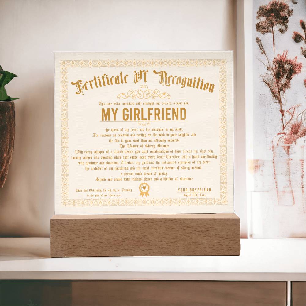 Certificate Of Recognition - Girlfriend Acrylic Square Plaque