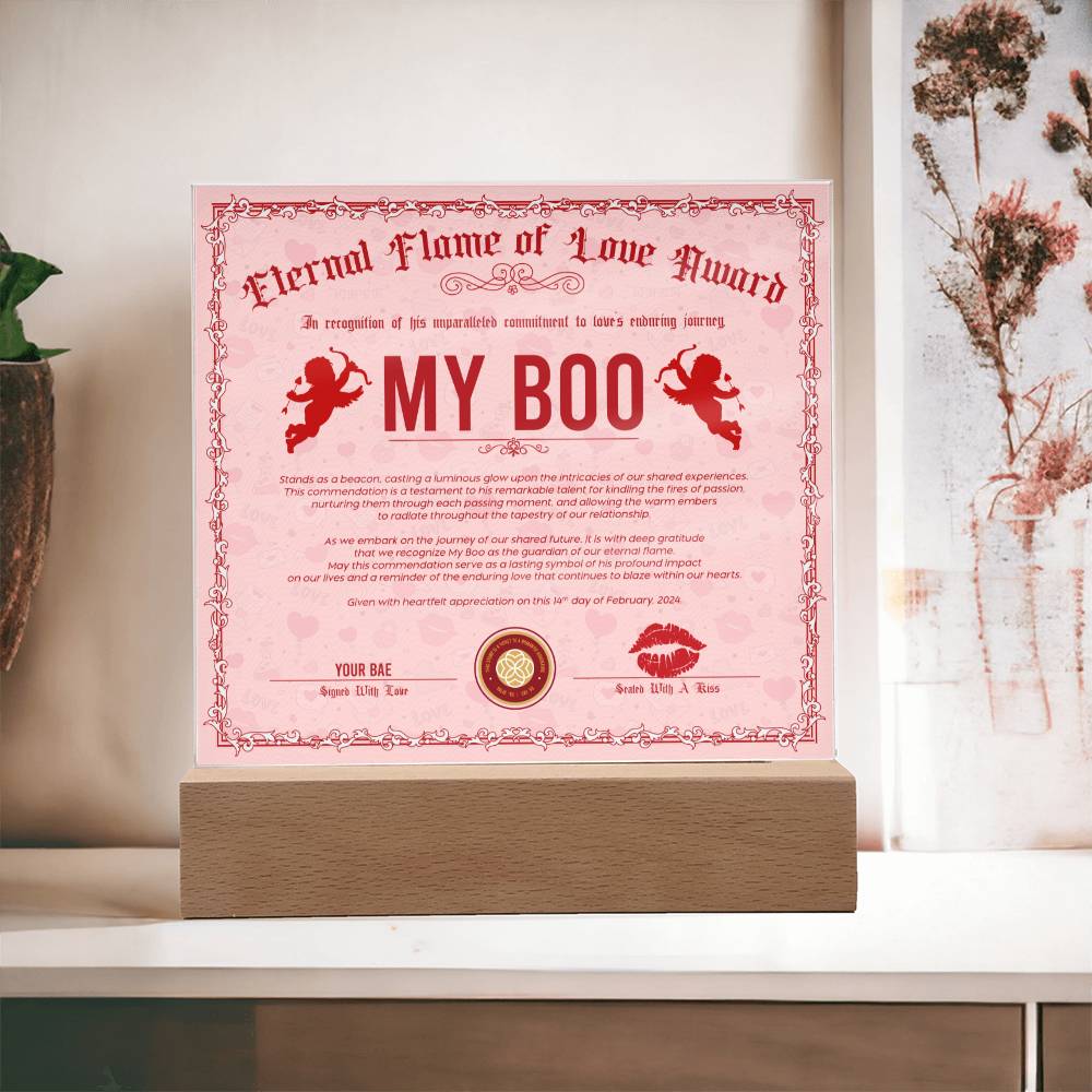 Eternal Flame Of Love Award To My Boo Acrylic Square Plaque