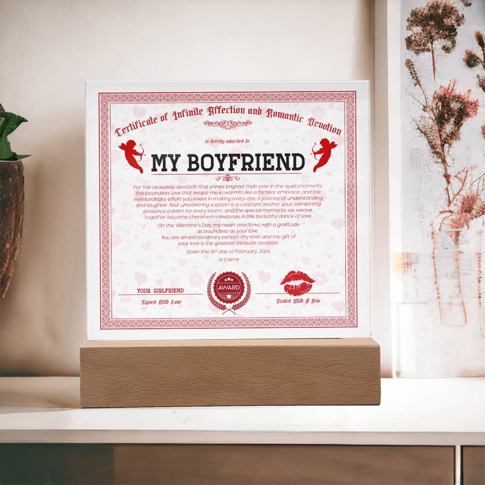 Certificate Of Infinite And Romantic Devotion Boyfriend Acrylic Square Plaque