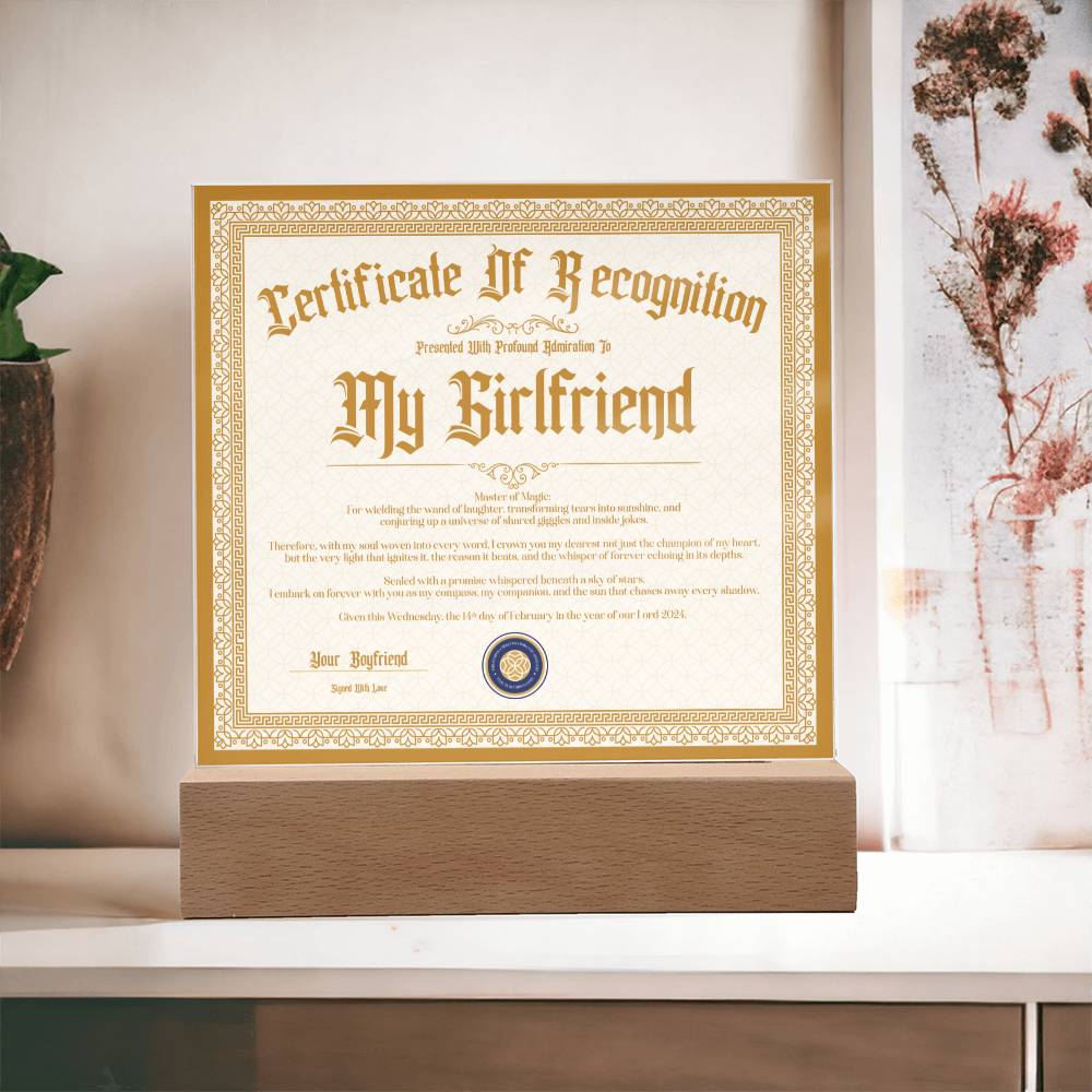 Certificate Of Recognition - Girlfriend S3 Acrylic Square Plaque
