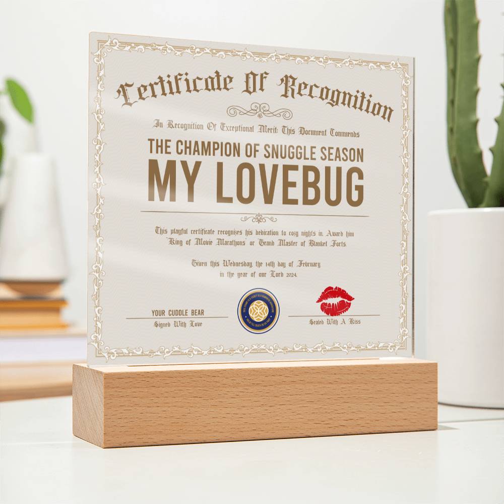 Certificate Of Recognition Lovebug Acrylic Square Plaque