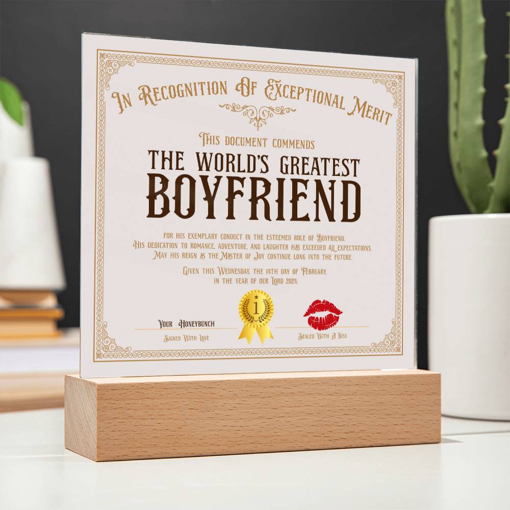 World's Greatest Boyfriend Certificate Acrylic Square Plaque