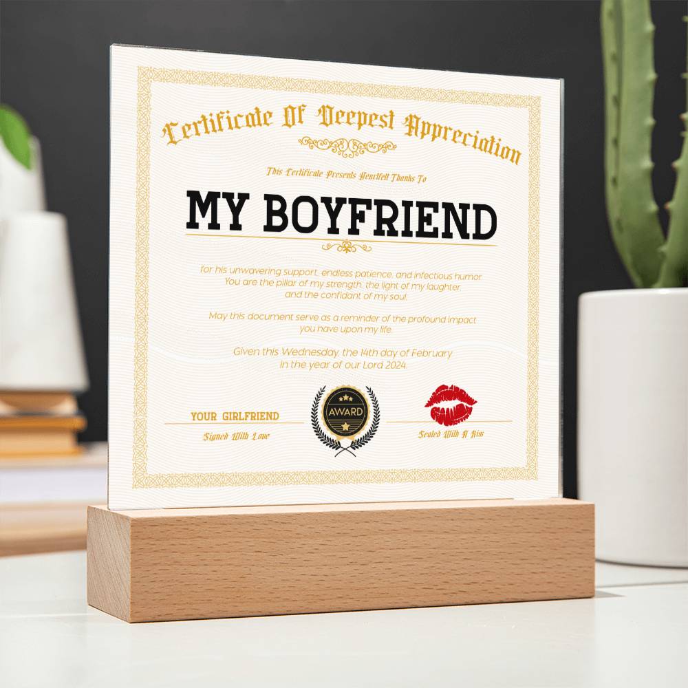 Appreciation Certificate For My Boyfriend Acrylic Square Plaque