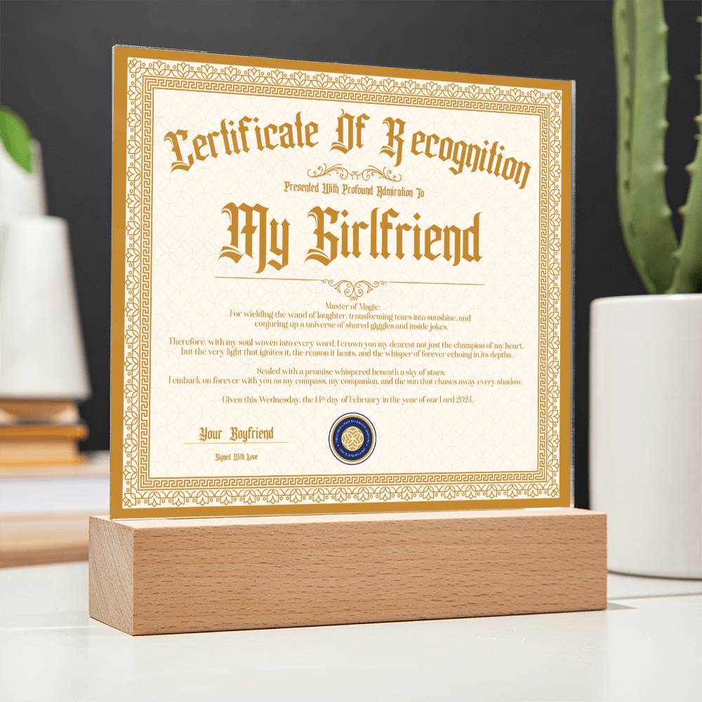 Certificate Of Recognition - Girlfriend S3 Acrylic Square Plaque