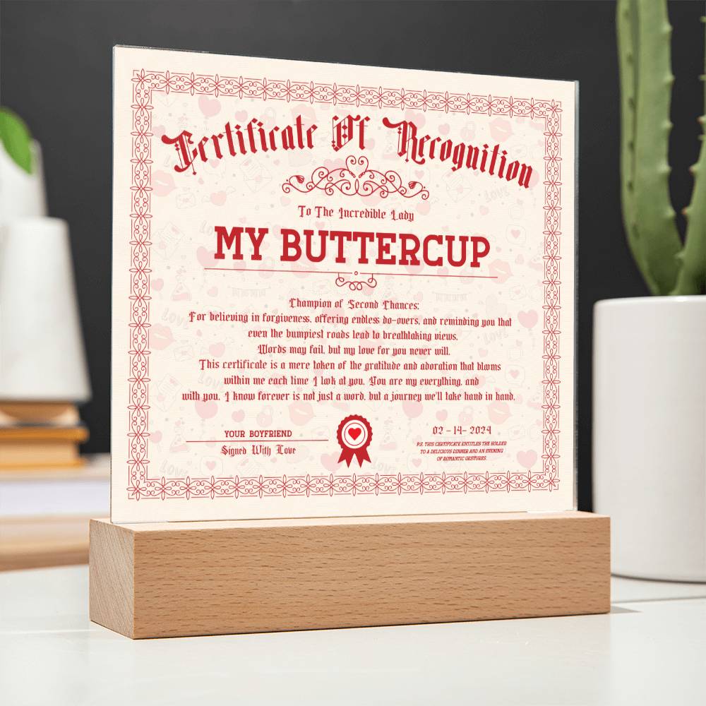 Certificate Of Recognition - My Buttercup Acrylic Square Plaque