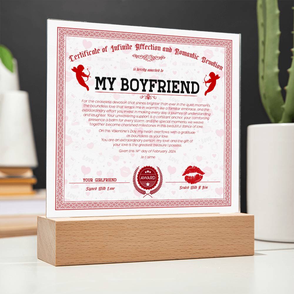 Certificate Of Infinite And Romantic Devotion Boyfriend Acrylic Square Plaque