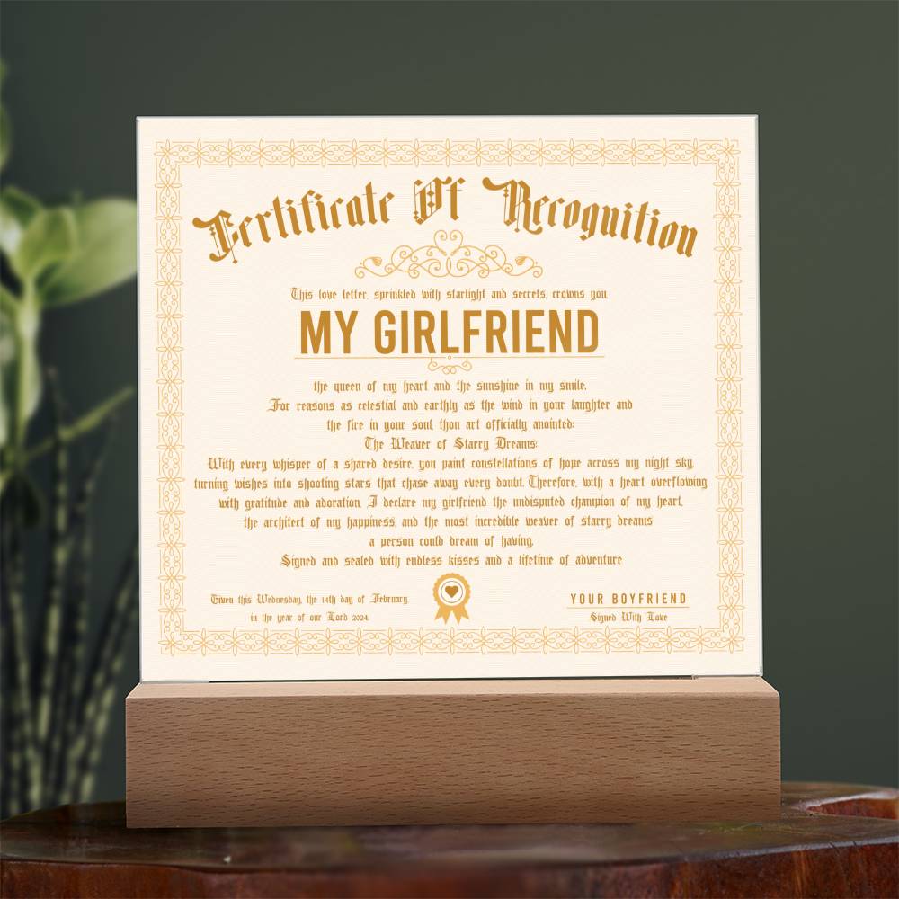 Certificate Of Recognition - Girlfriend Acrylic Square Plaque
