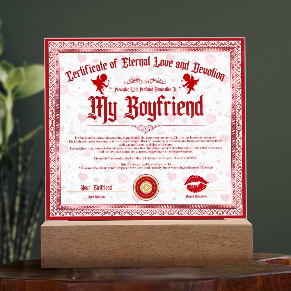 Certificate Of Eternal Love And Devotion Boyfriend Acrylic Square Plaque