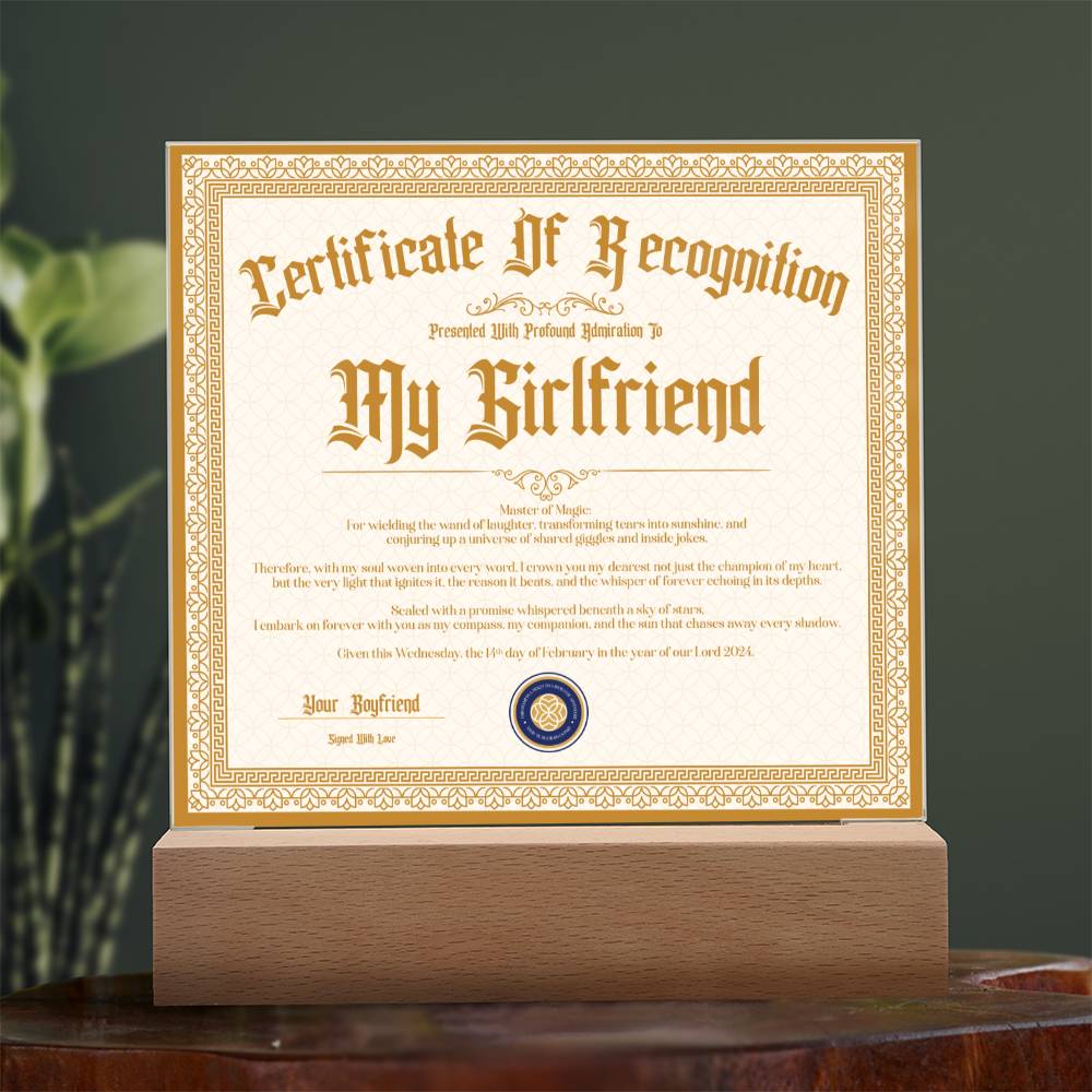 Certificate Of Recognition - Girlfriend S3 Acrylic Square Plaque