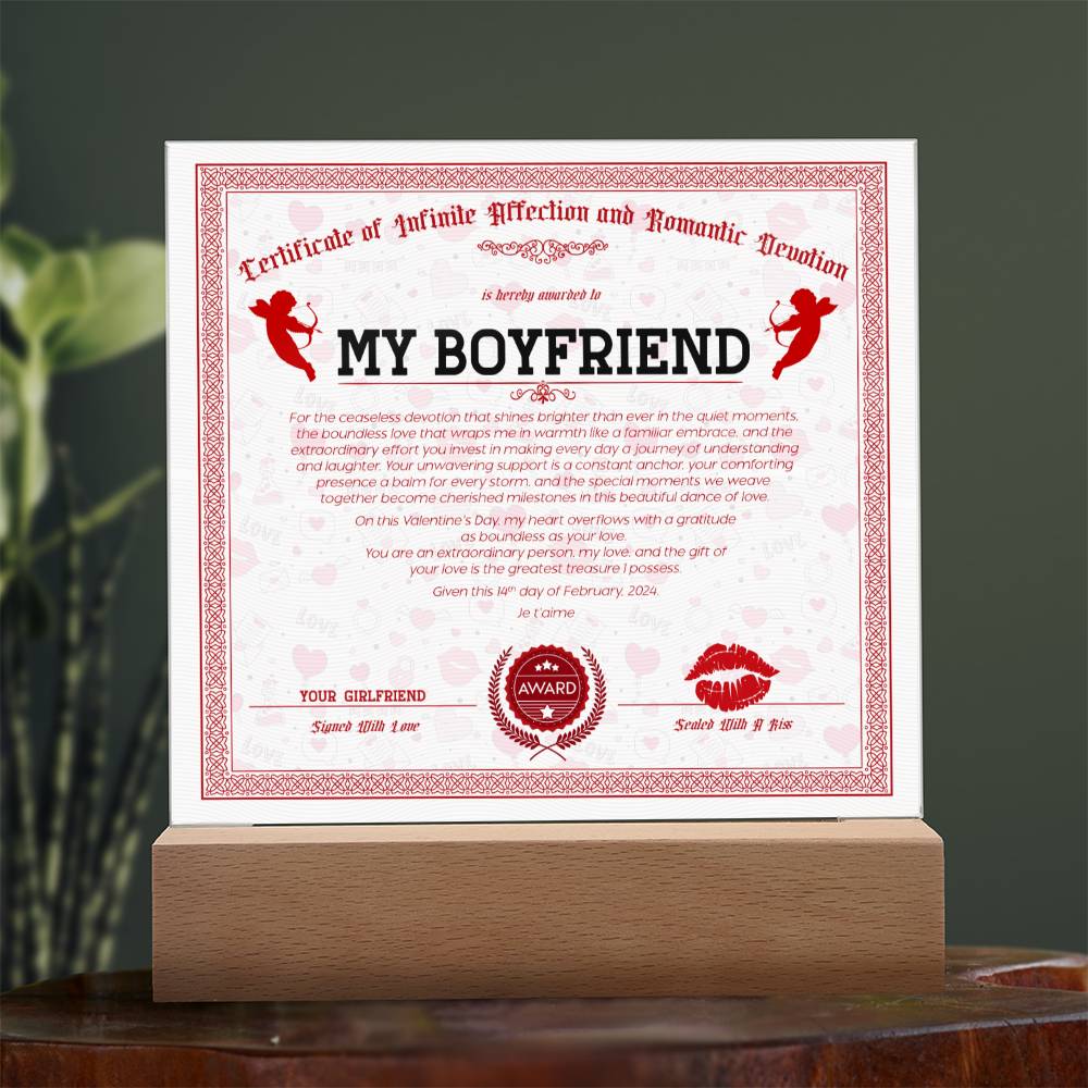 Certificate Of Infinite And Romantic Devotion Boyfriend Acrylic Square Plaque