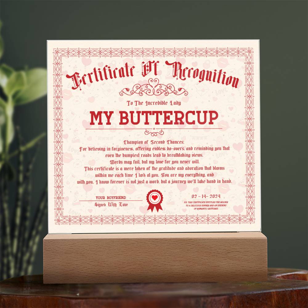 Certificate Of Recognition - My Buttercup Acrylic Square Plaque