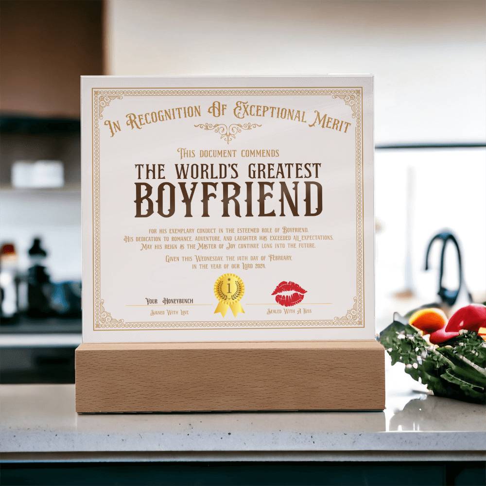 World's Greatest Boyfriend Certificate Acrylic Square Plaque