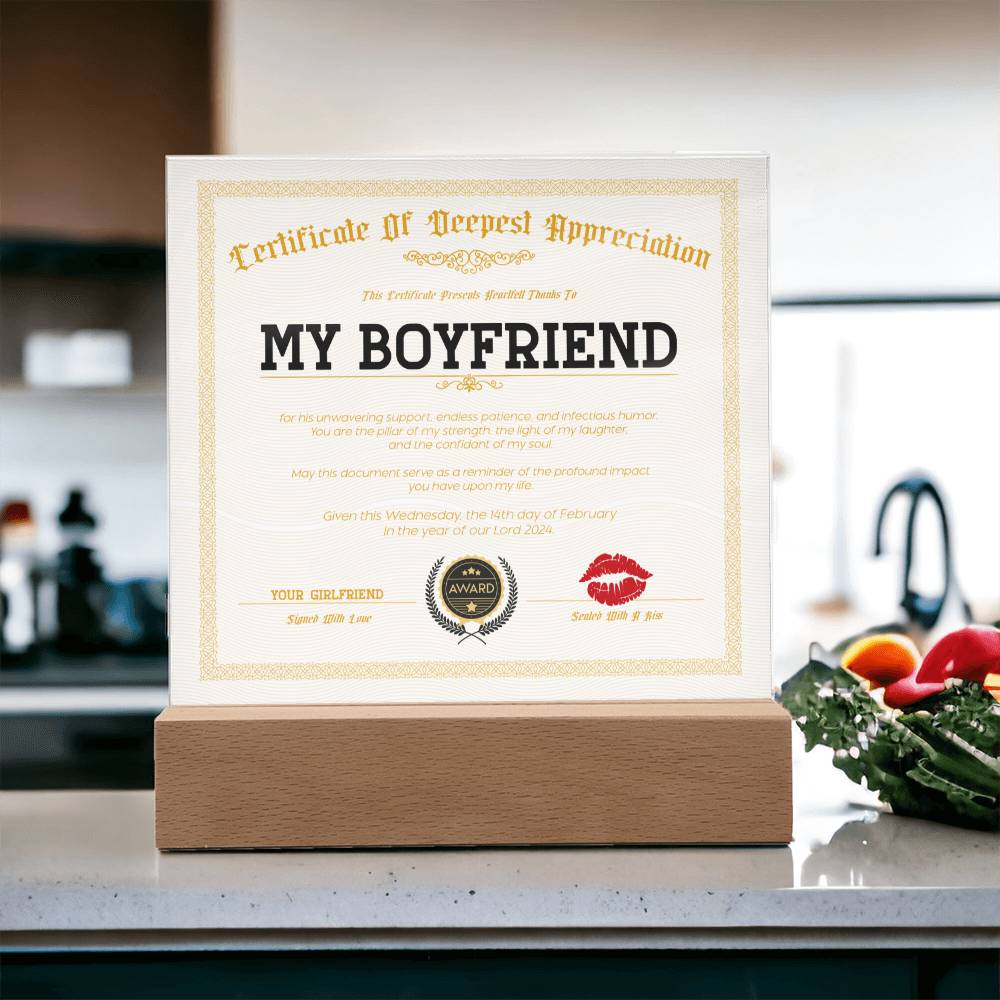 Appreciation Certificate For My Boyfriend Acrylic Square Plaque