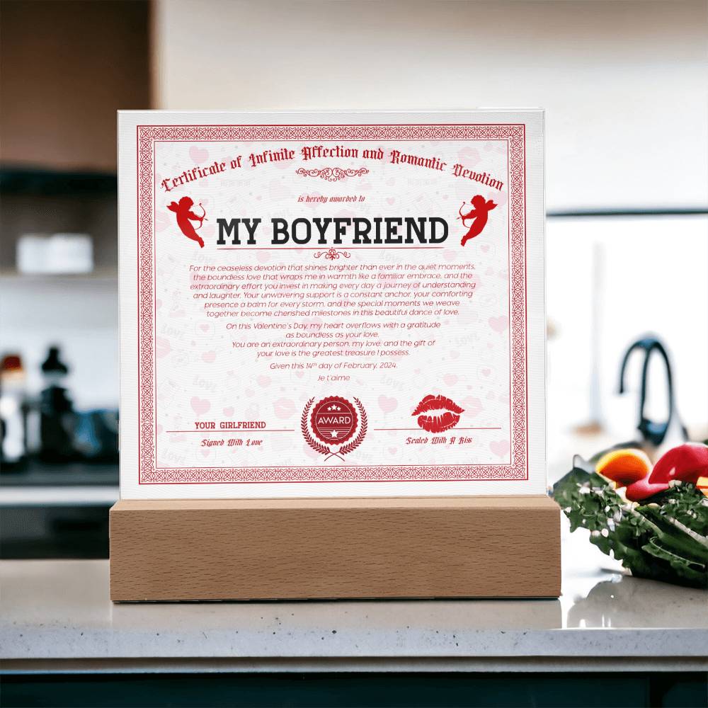 Certificate Of Infinite And Romantic Devotion Boyfriend Acrylic Square Plaque