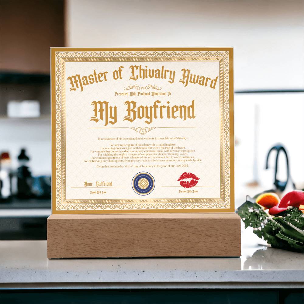Master Of Chivalry Award Boyfriend Certificate Acrylic Square Plaque