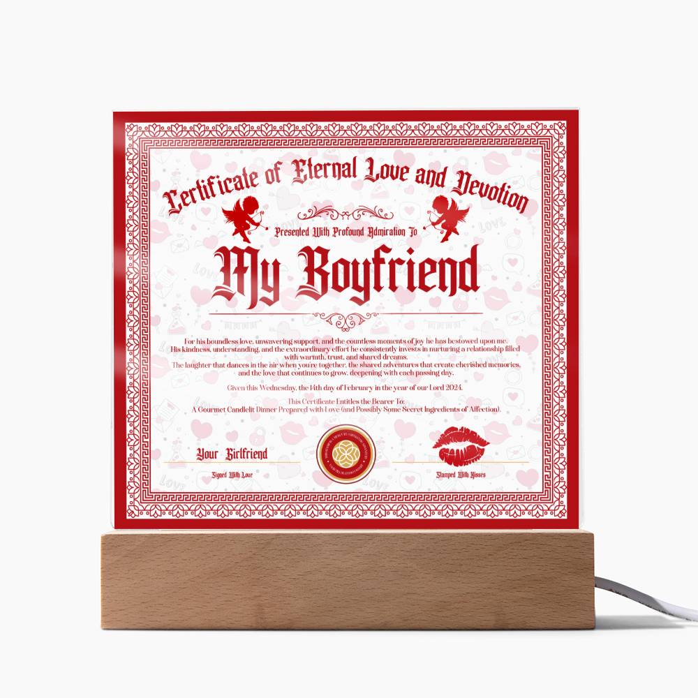 Certificate Of Eternal Love And Devotion Boyfriend Acrylic Square Plaque