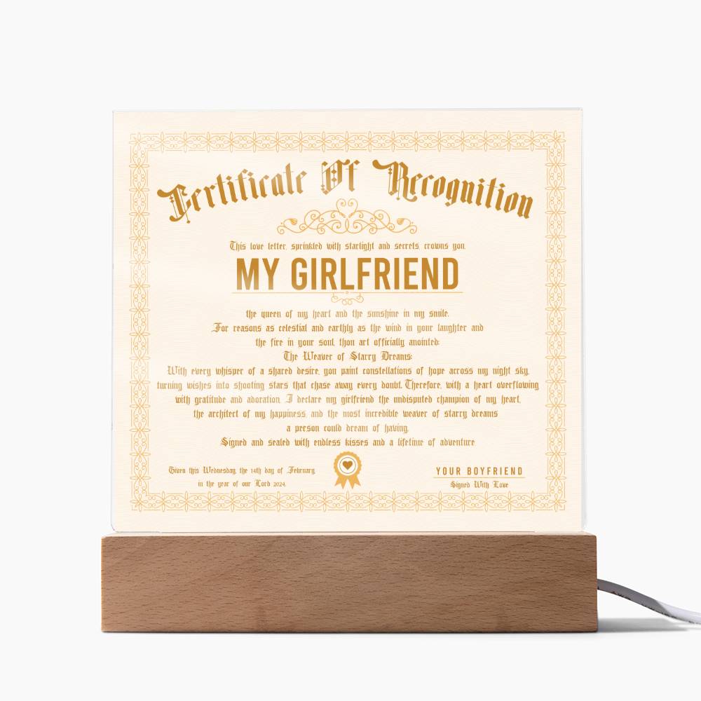 Certificate Of Recognition - Girlfriend Acrylic Square Plaque