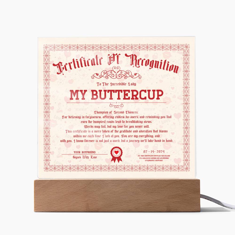 Certificate Of Recognition - My Buttercup Acrylic Square Plaque
