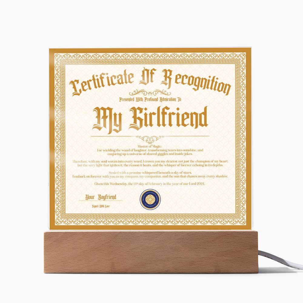 Certificate Of Recognition - Girlfriend S3 Acrylic Square Plaque