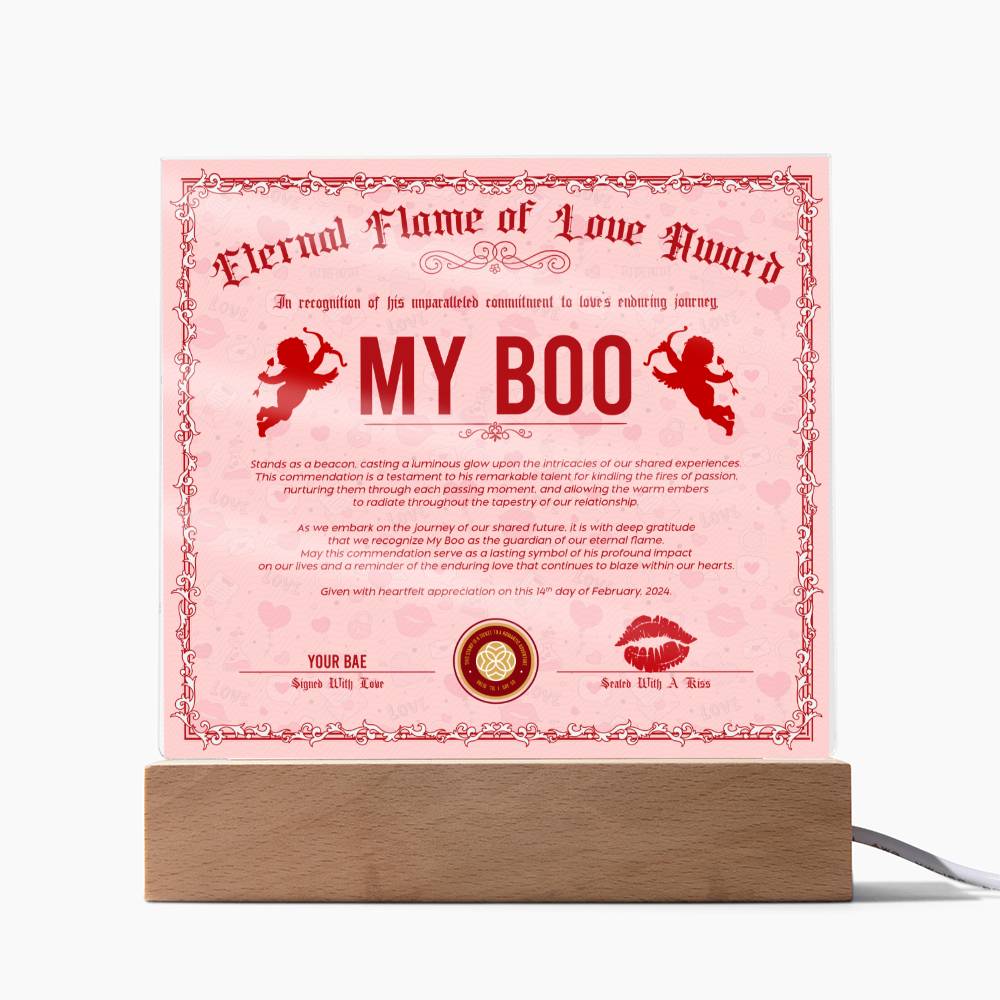 Eternal Flame Of Love Award To My Boo Acrylic Square Plaque