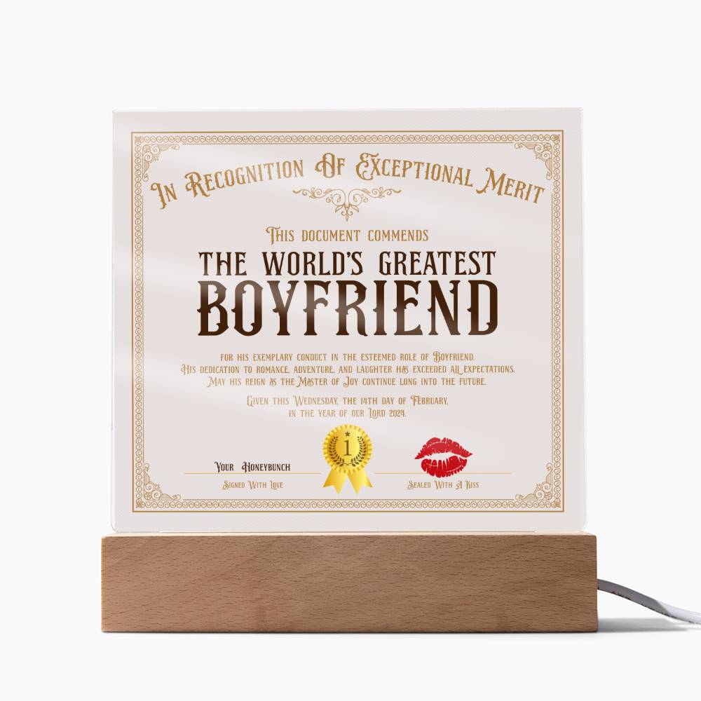 World's Greatest Boyfriend Certificate Acrylic Square Plaque